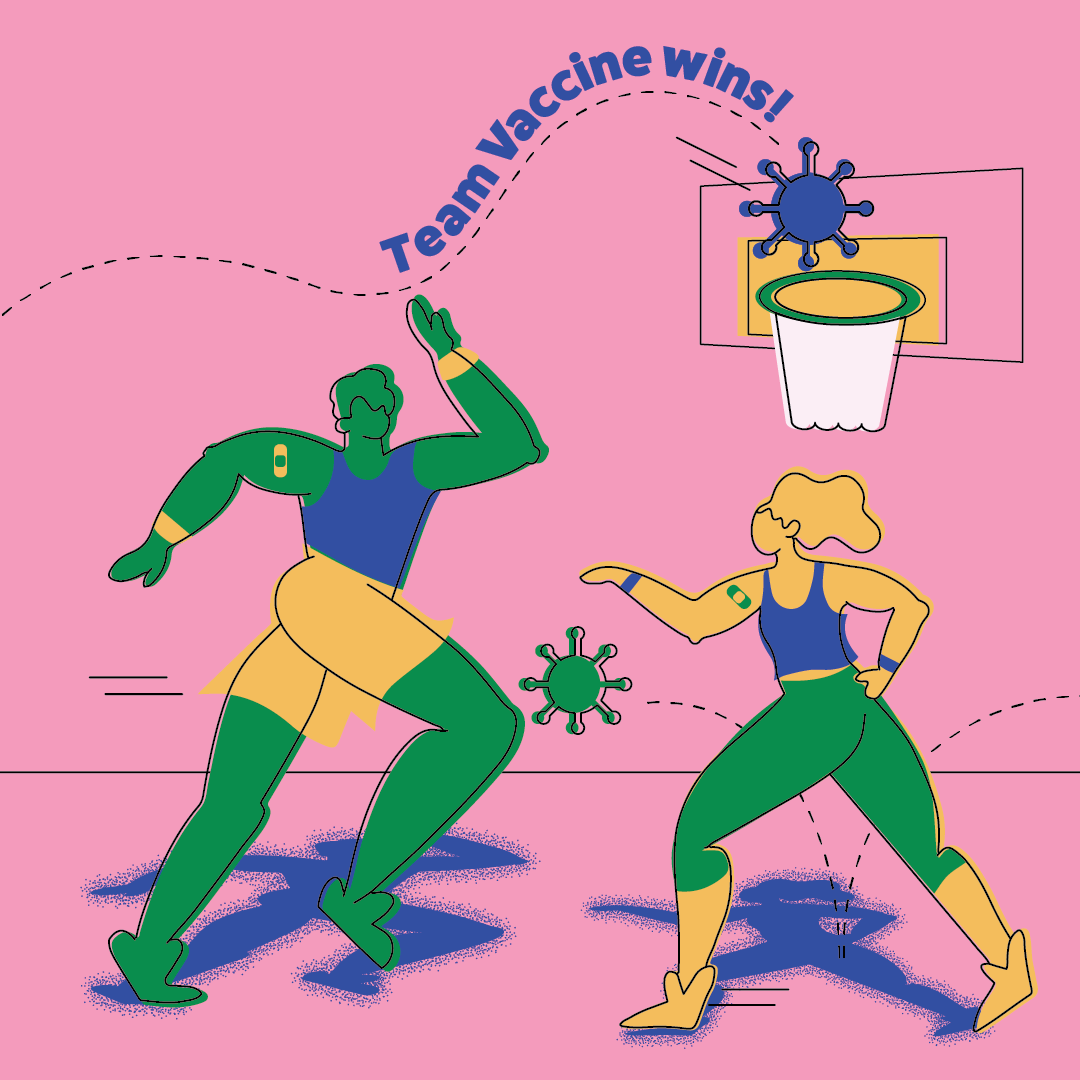 Right click to save this illustration of two figures in athletic clothes, with bandaids on arms, playing basketball with coronavirus shaped balls.