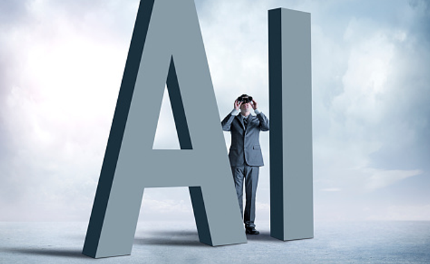 3 Takeaways to Guide Your AI Strategy. A businessman in a suit looking through binoculars stands between large letters AI.