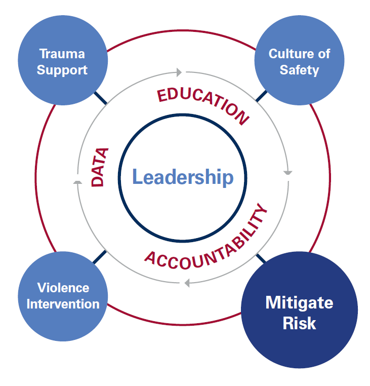 Building a Safe Workplace and Community: A Framework for Hospital and Health System Leadership. Leadership should push for greater data collection, collective accountability, and ongoing education and training. With this approach, we can achieve the four pillars necessary for implementing a comprehensive violence mitigation strategy: trauma support, violence intervention, culture of safety and mitigating risk. In this infographic, Mitigating Risk is emphasized.