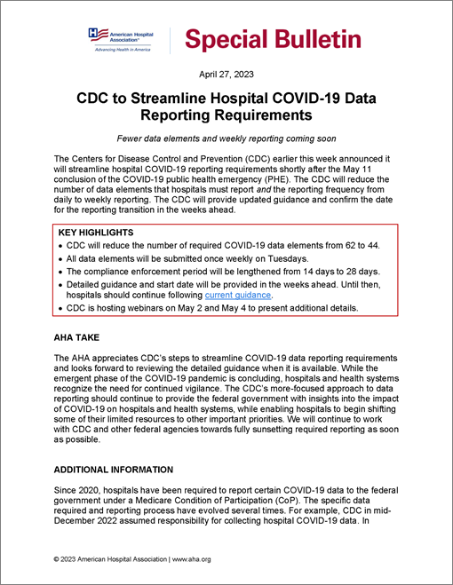 Cover Cdc To Streamline Hospital Covid 19 Data Reporting Requirements Bulletin 4 27 23 510px 