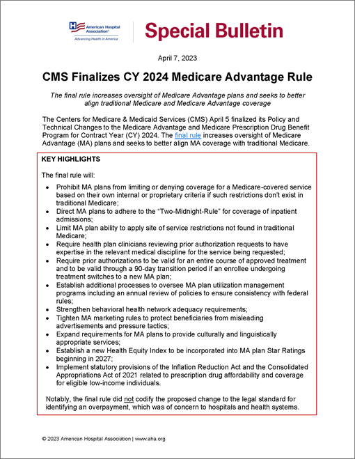 CMS Finalizes CY 2024 Medicare Advantage Rule AHA