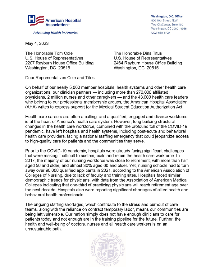 AHA Letter to House in Support of Medical Student Education Authorization Act  page 1.