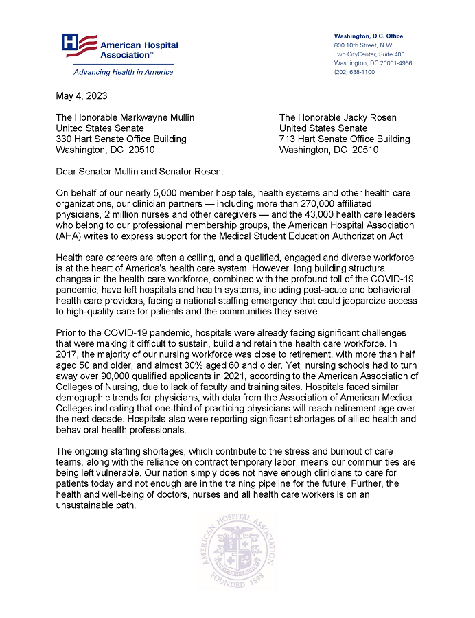 AHA Letter to Senate in Support of Medical Student Education Authorization Act  page 1.