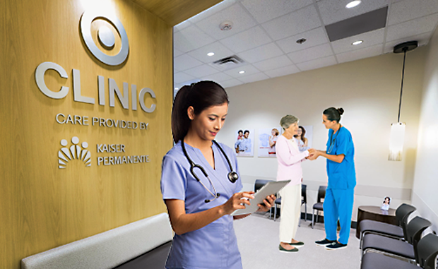 Retail Clinics Target Chronic Diseases. A clinician in scrubs stands in front of a Clinic: Care Provided by Kaiser Permanente sign while another clinician greets a patient in a waiting room.