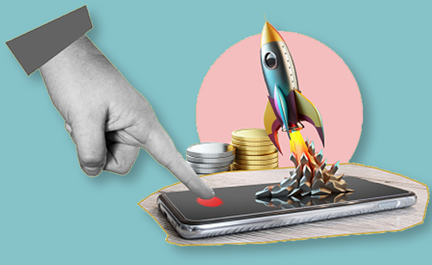 Meet 6 Startups That Could Transform Care. A hand pushed a red button on a mobile phone and a rocket launches out of the screen with gold and silver coins in the background.