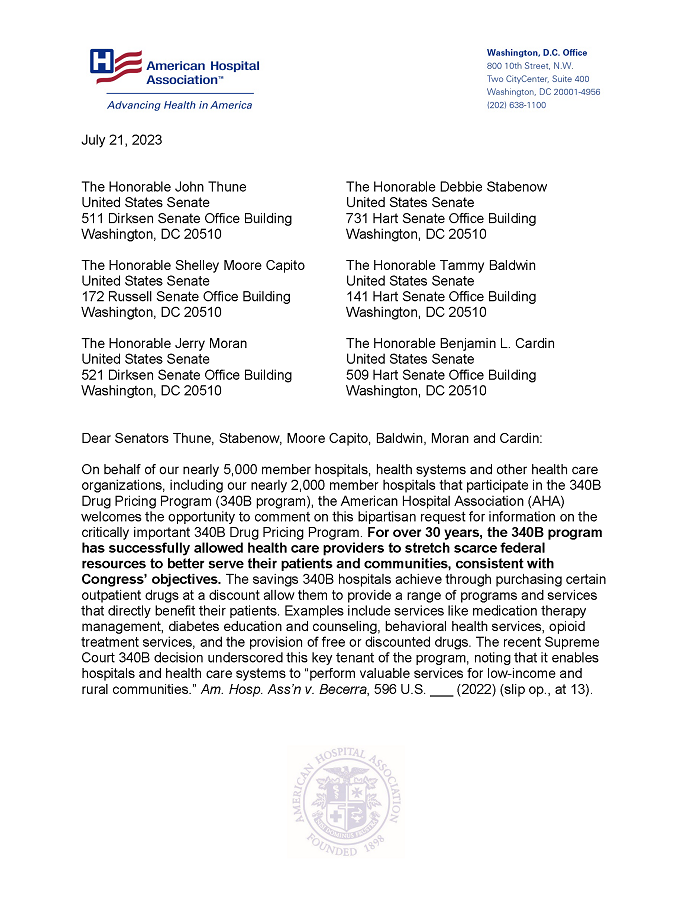 AHA Letter to the Senate on 340B Drug Pricing Program Request for Information page 1.