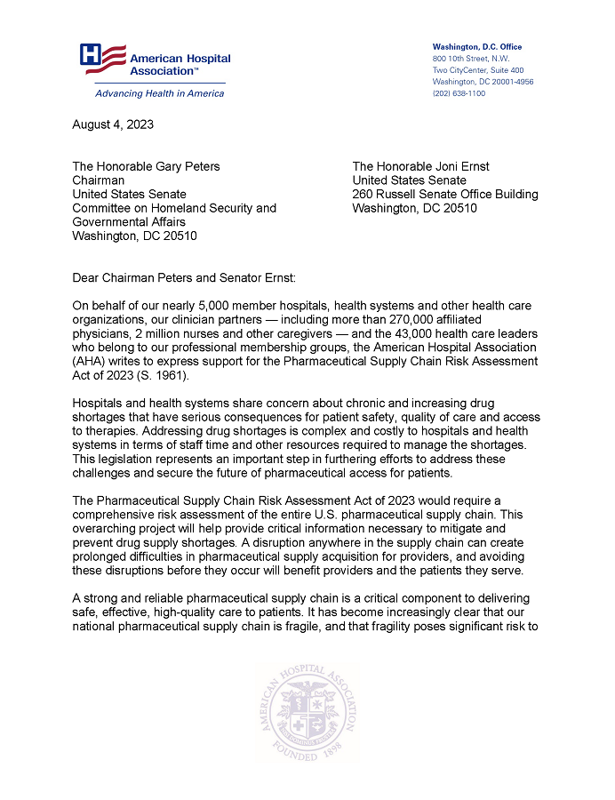 AHA Letter of Support for the Pharmaceutical Supply Chain Risk Assessment Act of 2023 page 1.