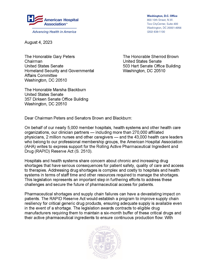 AHA Letter of Support for the Rolling Active Pharmaceutical Ingredient and Drug, or RAPID, Reserve Act of 2023 page 1.