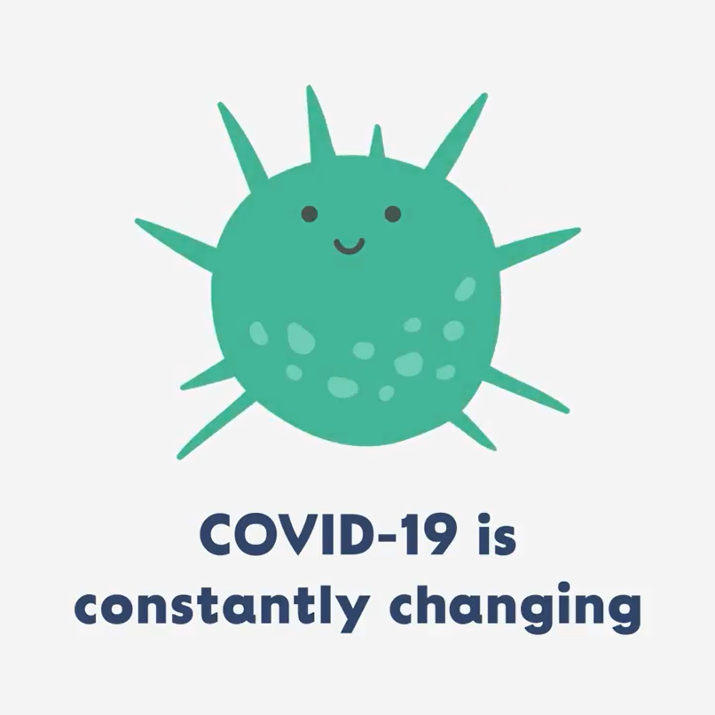 Cartoon of smiling  COVID-19 virus with text: COVID-19 is constantly changing