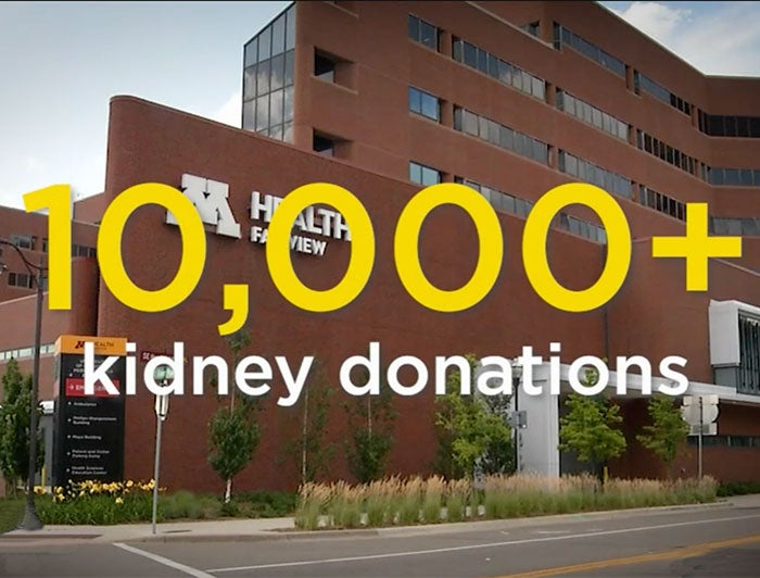 Exterior shot of M Health Fairview building overlaid with text: 10,000+ kidney donations