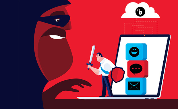 How to Prevent a High-Impact Cyberattack. A cyber criminal attempting to hack a laptop is confronted by a cybersecurity knight with sword and shield defending the social media, text messages, email, and cloud apps on the laptop.