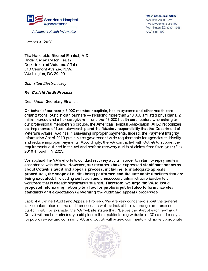 AHA Expresses Concerns with Veterans Affairs’ Third-party Audit and Appeals Process letter page 1.
