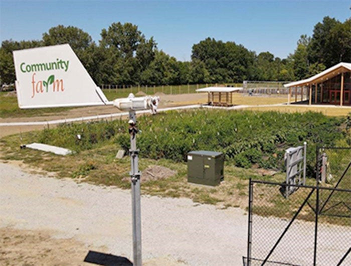 Sign reading 'community farm' sits on the edge of a farm property in Indiana