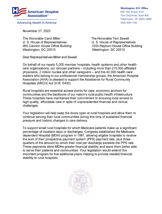 AHA House Letter in Support of Bill That Would Extend Medicare Programs to Assist Rural Hospitals page 1.