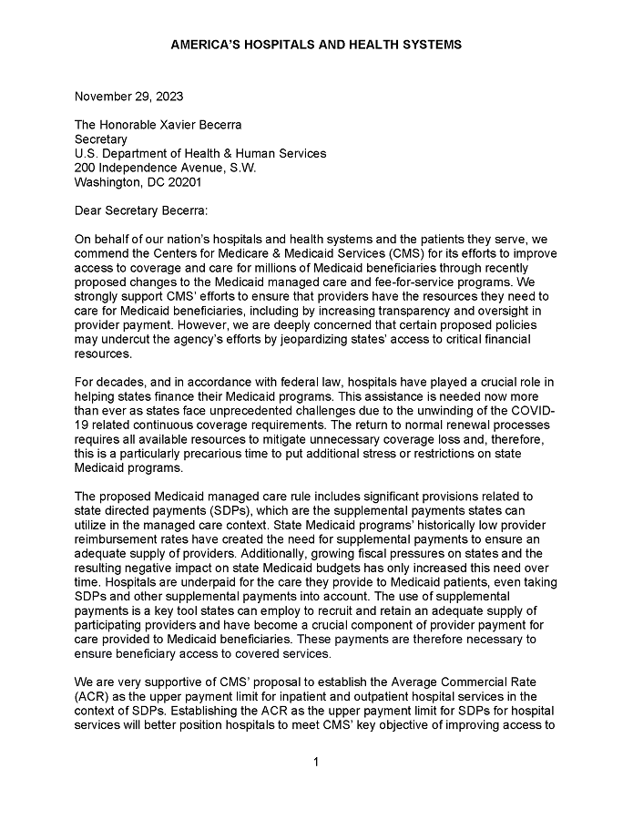 America’s Hospitals and Health Systems Letter to HHS on CMS Medicaid State Directed Payments (SDPs) page 1.