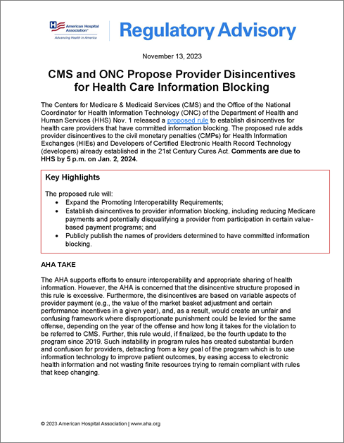 Regulatory Advisory Cover: CMS and ONC Propose Provider Disincentives for Health Care Information Blocking  .
