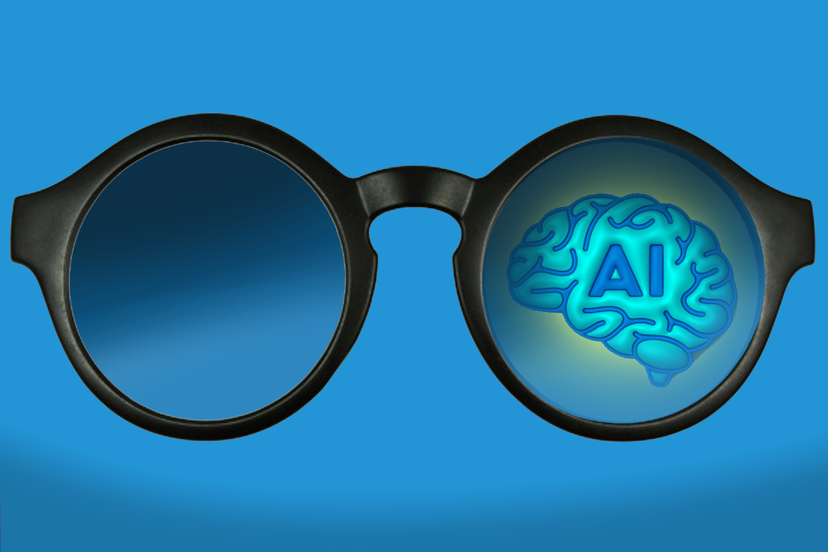3 Generative AI Blind Spots Health Execs Need to Recognize. A pair of sunglasses with an image of a brain with AI on it reflected in the right lens.