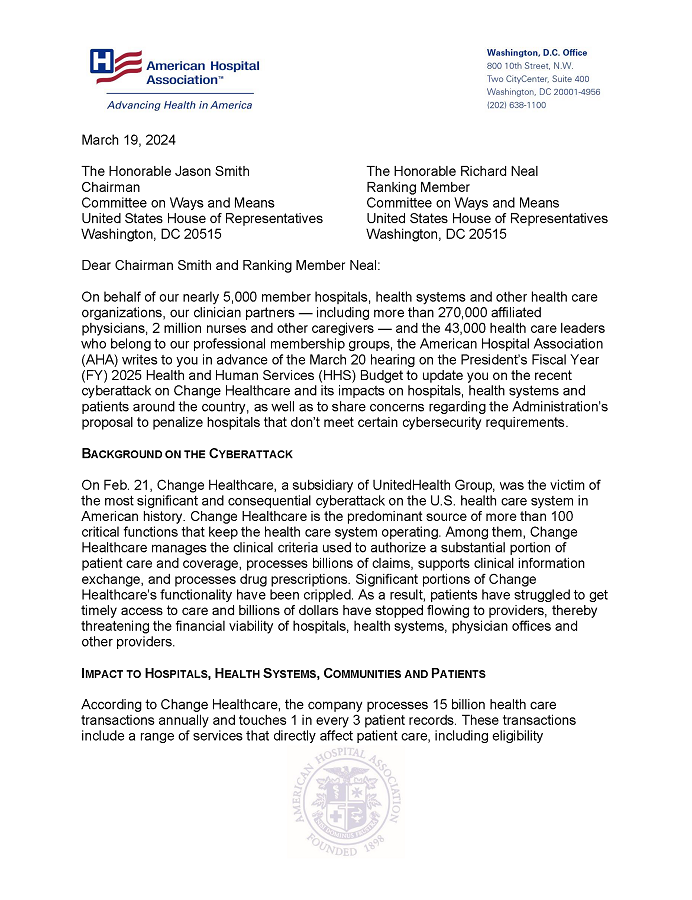 Congress Urged to Help Hospitals Impacted by Change Healthcare Cyberattack Letter page 1.
