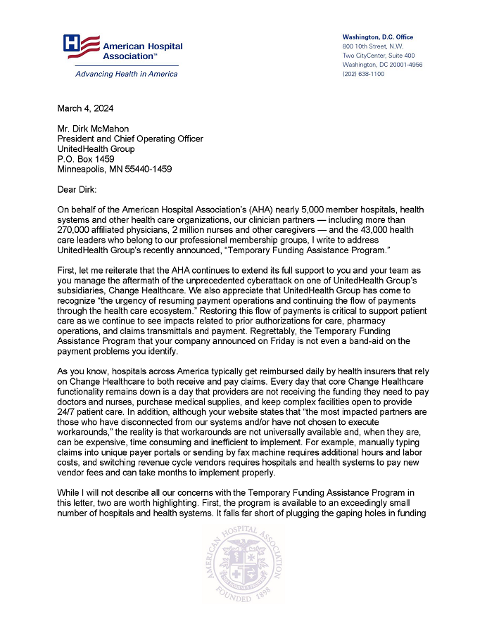AHA Expresses Concerns with UHG Program in Response to Cyberattack on Change Healthcare letter page 1.