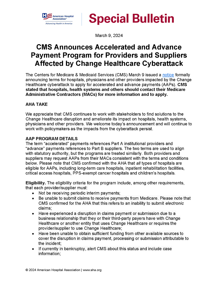 Special Bulletin: CMS Announces Accelerated and Advance Payment Program for Providers and Suppliers Affected by Change Healthcare Cyberattack page 1.