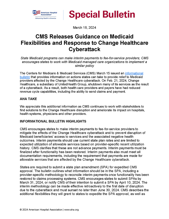 Special Bulletin: CMS Releases Guidance on Medicaid Flexibilities and Response to Change Healthcare Cyberattack page 1.