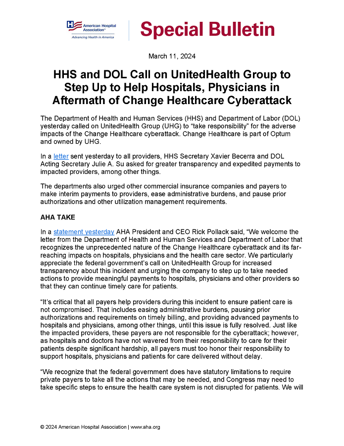 Special Bulletin: HHS and DOL Call on UnitedHealth Group to Step Up to Help Hospitals, Physicians in Aftermath of Change Healthcare Cyberattack page 1.