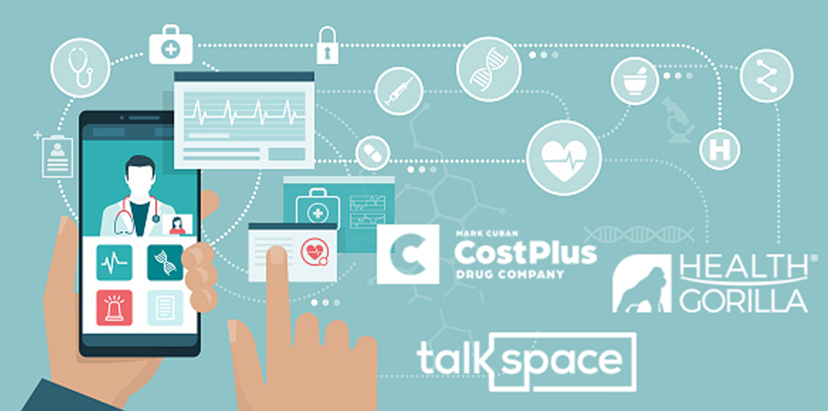 Virtual Care Platform Wheel Expands Its Services, Focusing on Convenience. A patient uses a phone to speak with a doctor via video on a telehealth app. The logos of Mark Cuban CostPlus Drug Company, Health Gorilla, and Talkspace appear in the foreground..