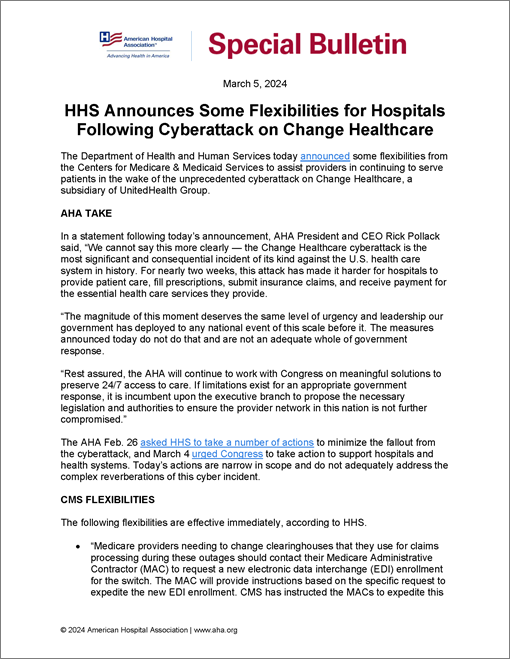HHS Announces Some Flexibilities for Hospitals Following Cyberattack on Change Healthcare