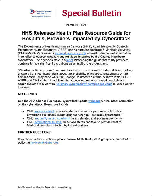 Cover Special Bulletin: HHS Releases Health Plan Resource Guide for Hospitals, Providers Impacted by Cyberattack