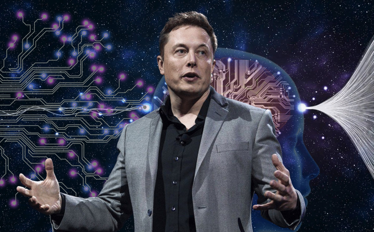 Can Elon Musk Disrupt Health Care’s Booming AI Field. Elon Musk speaking on stage with a digital brain receiving input and sharing output in the background.