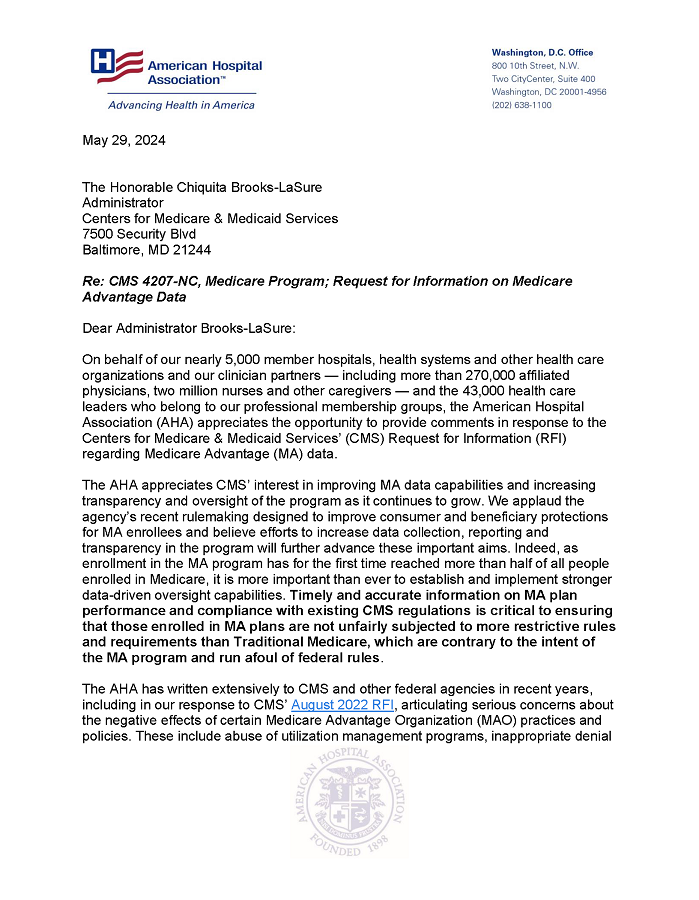 AHA RFI Response to CMS on Medicare Advantage Data and Oversight letter page 1.