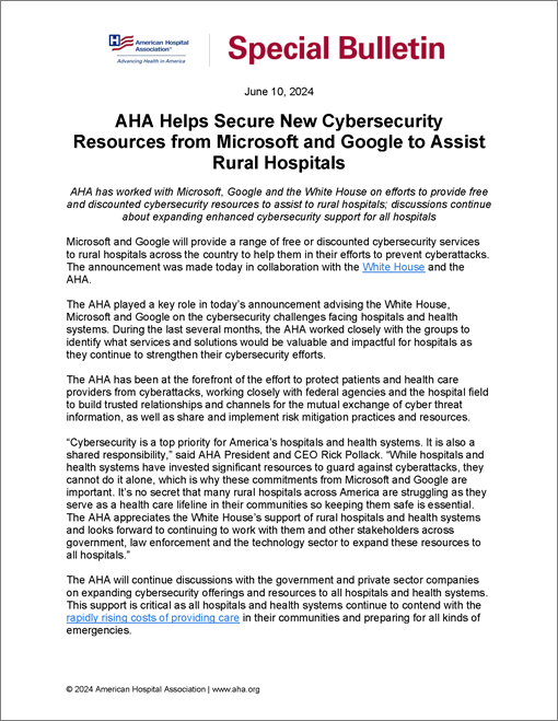  Cover Special Bulletin: AHA Helps Secure New Cybersecurity Resources from Microsoft and Google to Assist Rural Hospitals