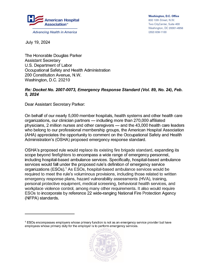 AHA Comments on OSHA Proposed Emergency Response Standard letter page 1.