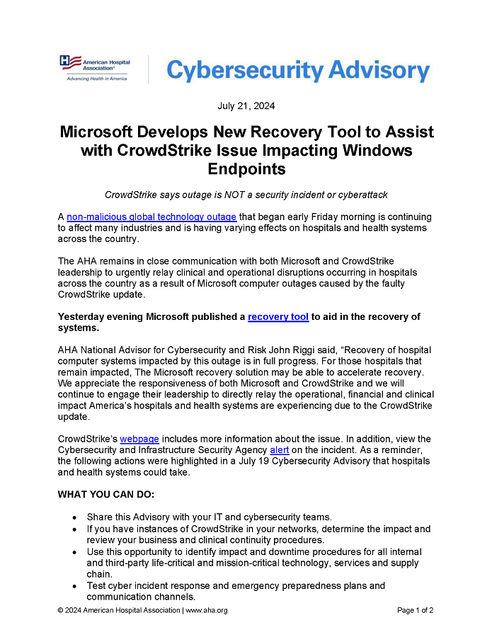 Cybersecurity Advisory: Microsoft Develops New Recovery Tool to Assist with CrowdStrike Issue Impacting Windows Endpoints page 1.