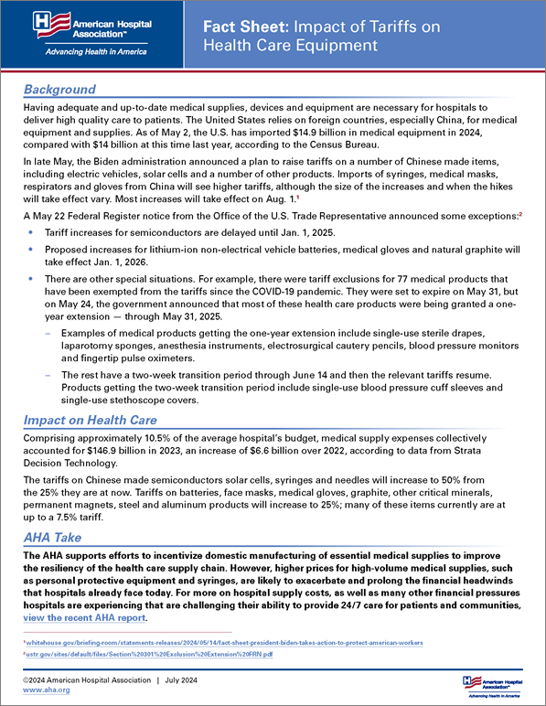  Cover Fact Sheet: Impact of Tariffs on Health Care Equipment.