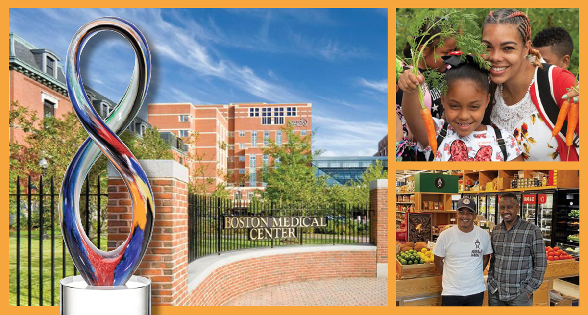 Boston Medical Center’s 5 Steps to Better Community Health. The Foster G. McGaw Prize overlaid on award-winner Boston Medical Center (BMC) Health System. A picture of the BMC community members picking carrots from the rooftop garden and community members at the health system-owned food pantries and teaching kitchens.