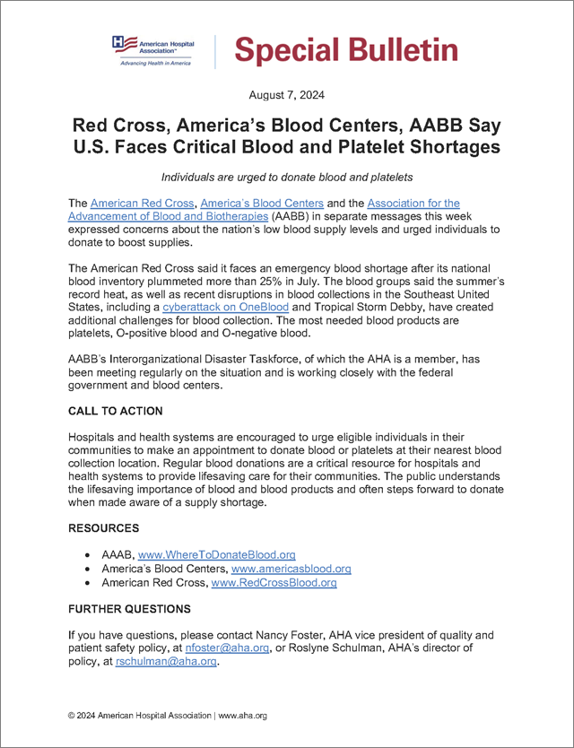 Special Bulletin: Red Cross, America’s Blood Centers, AABB Say U.S. Faces Critical Blood and Platelet Shortages cover.