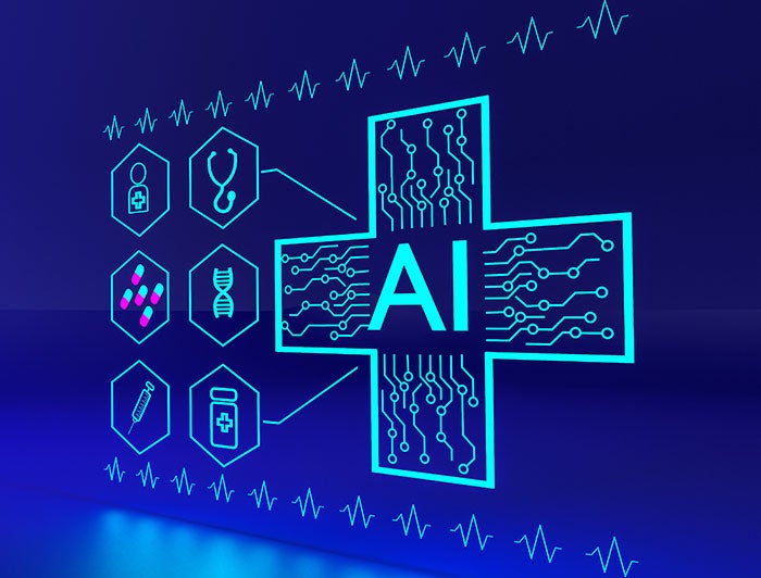 Icahn School of Medicine. Stock AI in medicine concept image shows medical holographic icons around a central AI icon