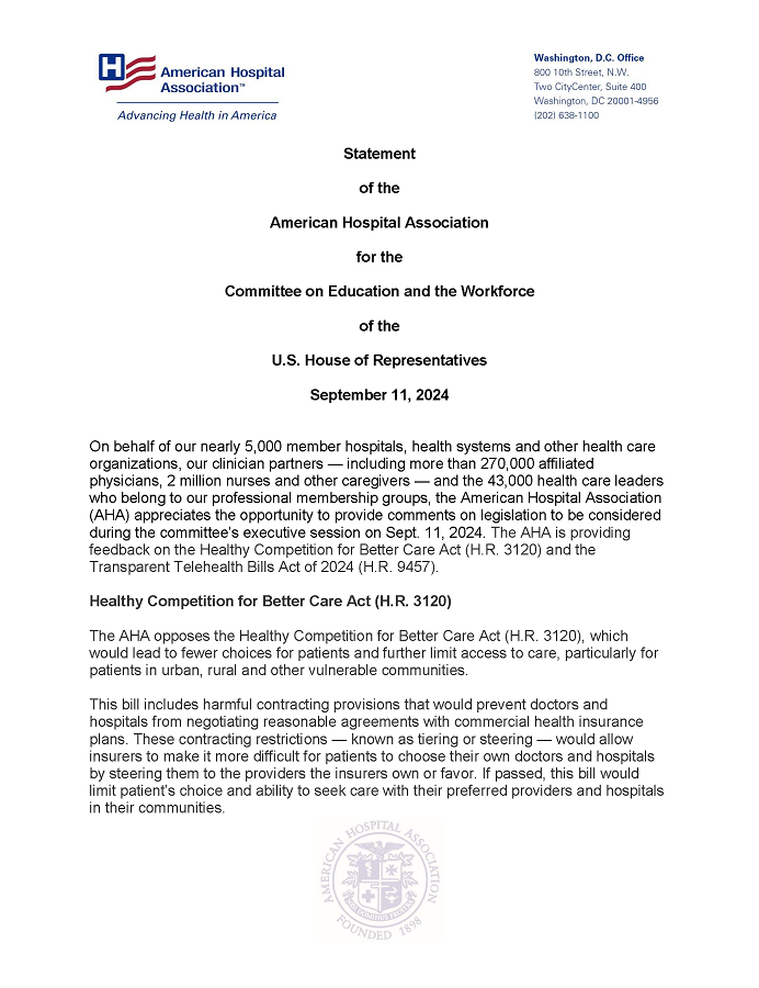 AHA Statement to House Committee on Education and the Workforce for Markup Hearing Sept. 11, 2024, page 1.