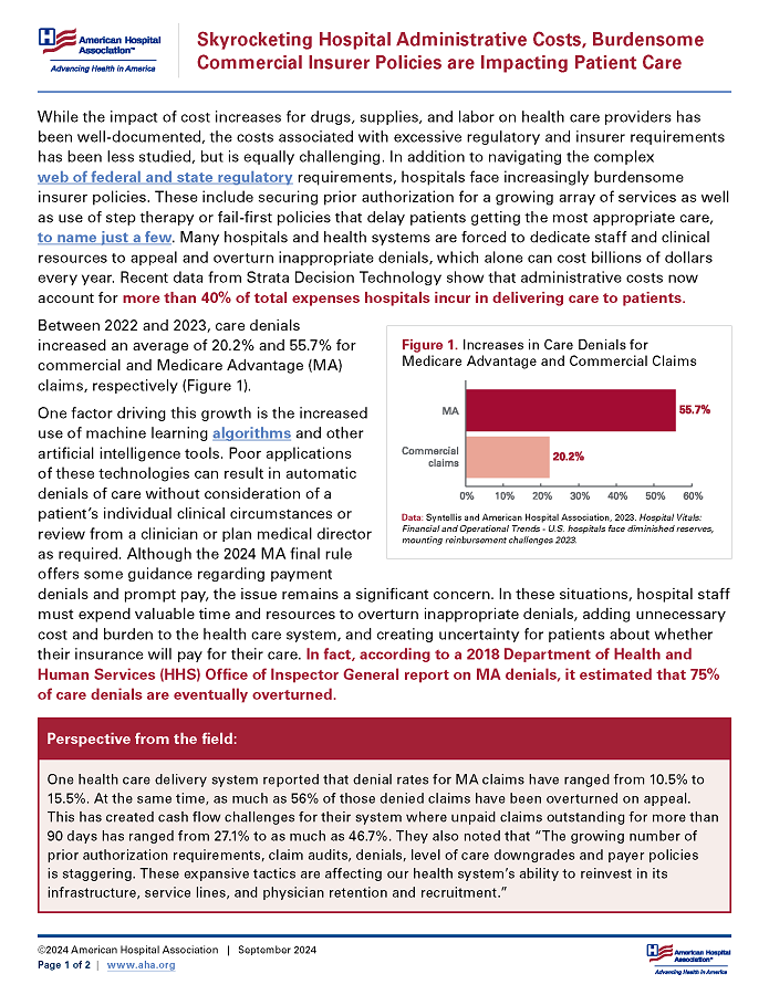 Skyrocketing Hospital Administrative Costs, Burdensome Commercial Insurer Policies Are Impacting Patient Care page 1.