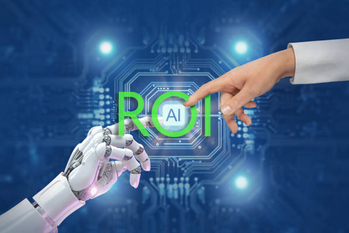 Top 4 Health Care AI Investment Trends to Watch. A human hand and a robot hand reach out to touch each other similar to God and Adam in Michelangelo's "The Creation of Adam" in front of a microchip with AI printed in the center and in the middle of the O in ROI. 