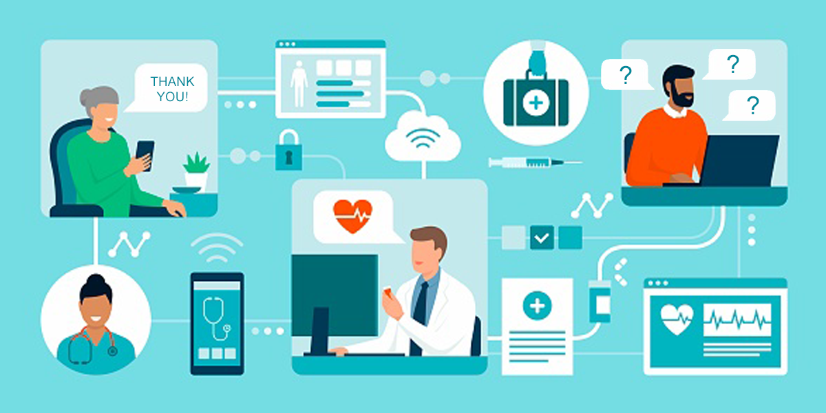 4 Takeaways from Consumer Survey on Telehealth Satisfaction. A collection of interrelated telehealth images including an elderly woman talking to a nurse on her mobile phone while the nurse communicates with a doctor via an app and the doctor send test results to the elderly woman while sending a prescription to a pharmacy and answering questions that another patient has asked on his computer.