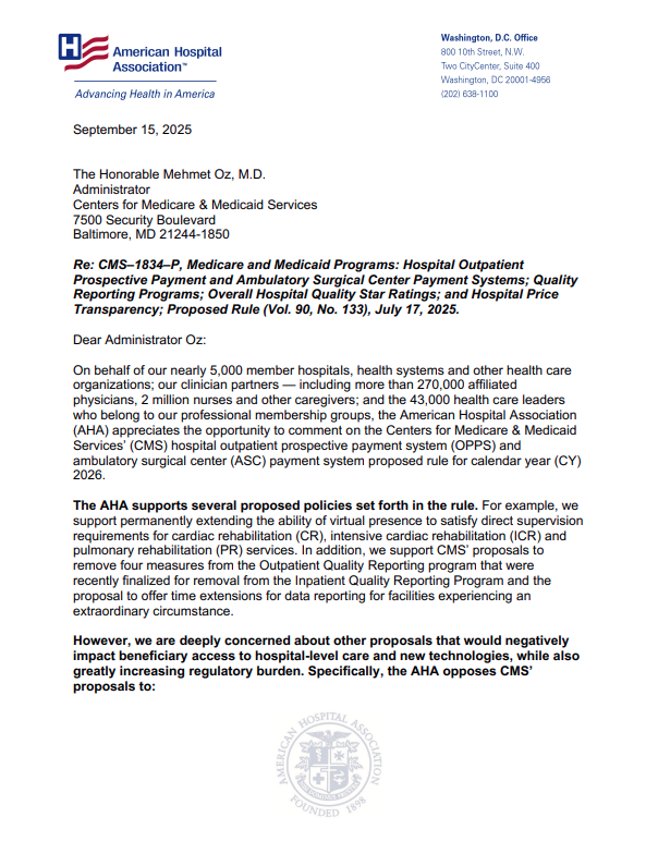 AHA Comments on CMS CY 2026 Outpatient, ASC Proposed Payment Rule P1