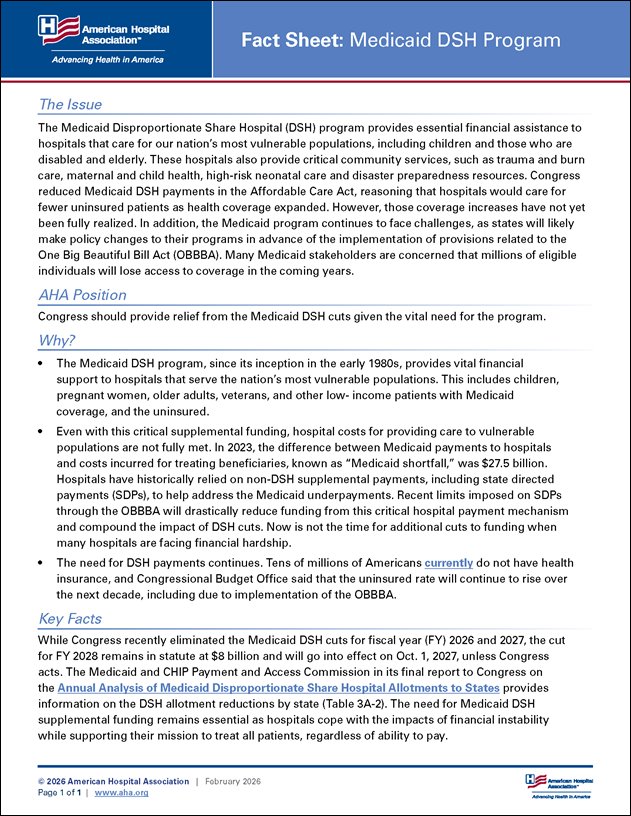 Fact Sheet: Medicaid DSH Program cover. Updated February 2026
