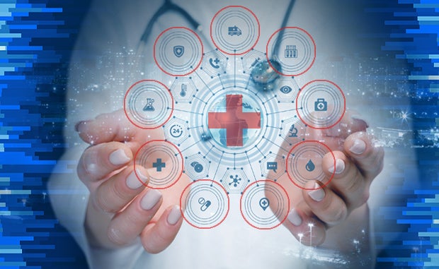 Innovative Approaches to Redefining Care Delivery. A clinician stands with her hands open and in her hands is a red cross surrounded by icons of an ambulance, testing, a medical bag, blood, location, pharmacy, hospital, laboratory, and cybersecurity.