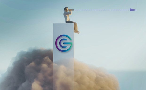 3 Takeaways from General Catalyst’s Health Transformation Spinoff. A man sits on top of a tower with the General Catalyst log on it and looks through binoculars into the future.