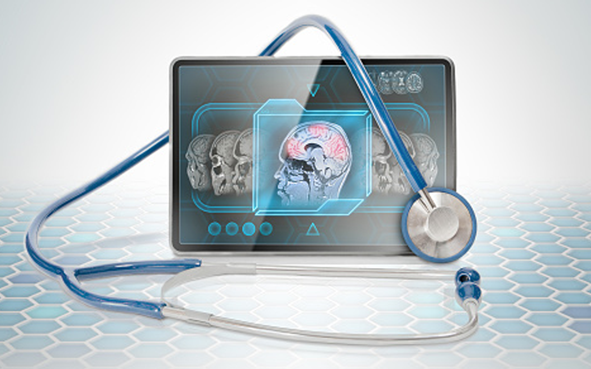4 Signs That This Might Be a Stronger Year for Digital Health Funding. A tablet computer with a brain scan displayed on the screen and a stethoscope wrapped around it.