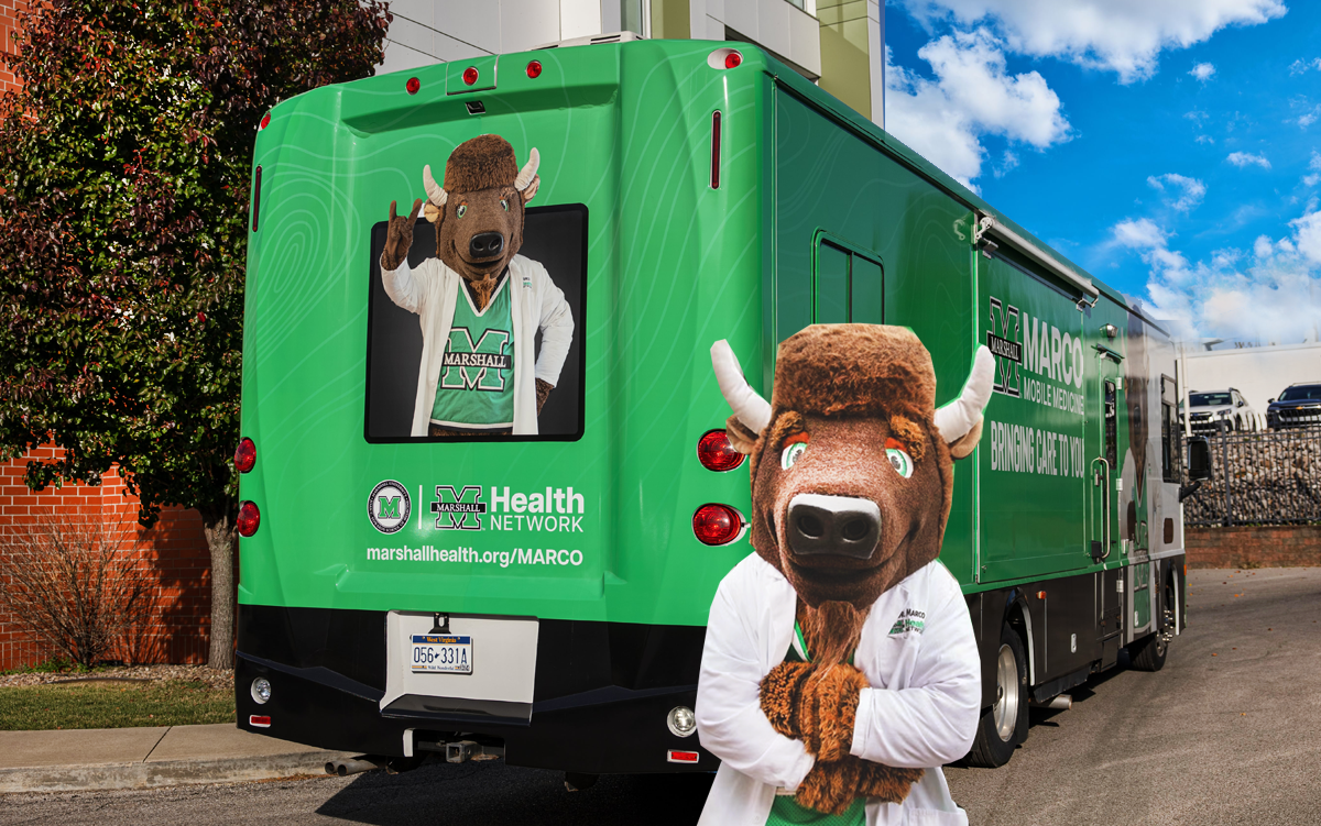 4 Digital Health Projects Transforming Care Delivery. Marshall Health Network (MHN) Marco Mobile Medicine unit and Marco the bull mascot.