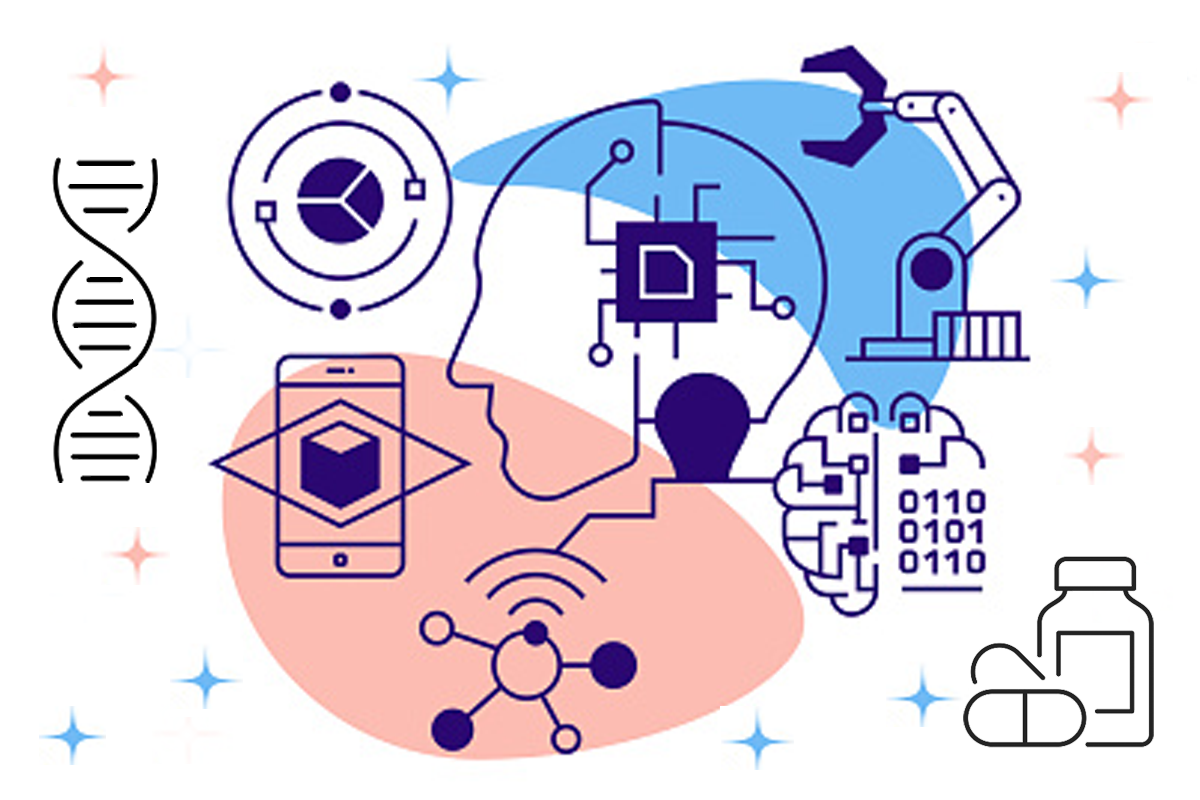 4 Ways AI Is Accelerating Care Delivery Innovation. An image board showing a head with an AI brain, a DNA strand, a robotic arm, a mobile app, a molecule, and brain sharing data in digital bits, and a prescription drug bottle and tablets.