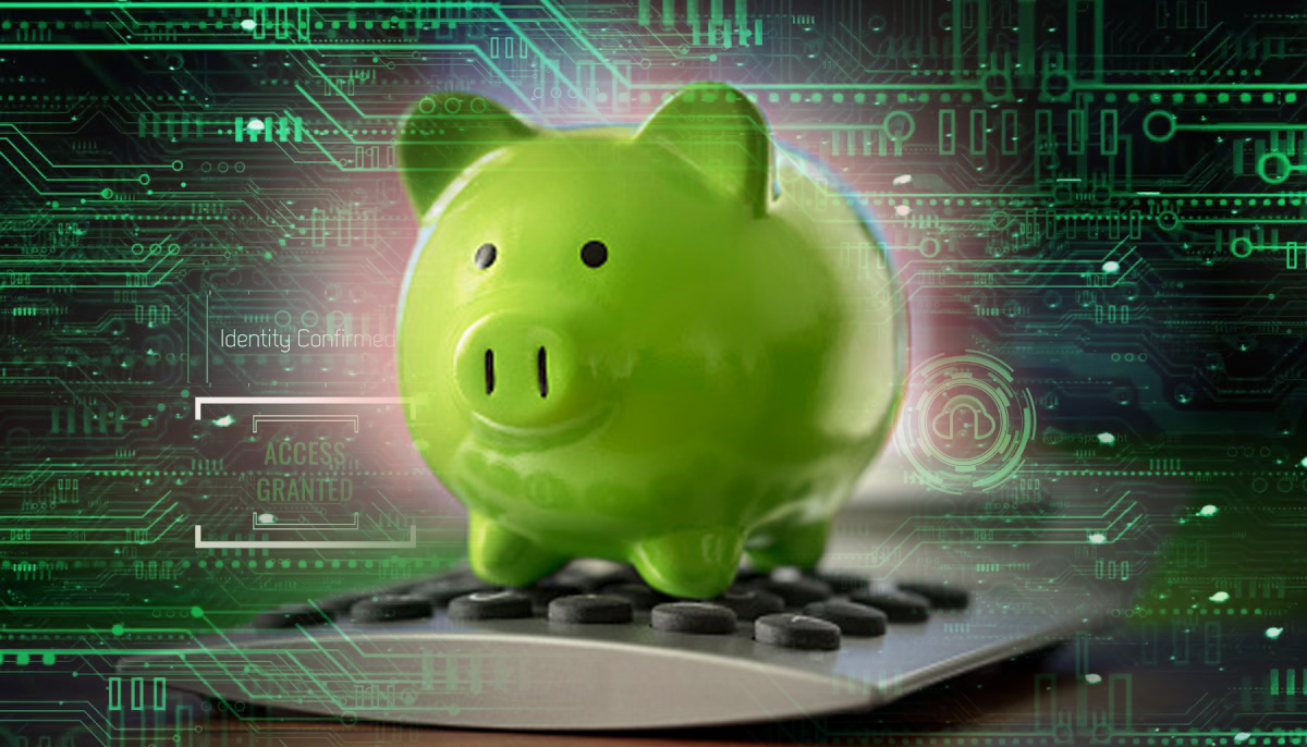 4 Ways to Get Tech Priorities and Investment Resources to Align. A green piggy bank sits on an adding machine keyboard while digital markets analytics display in the background.